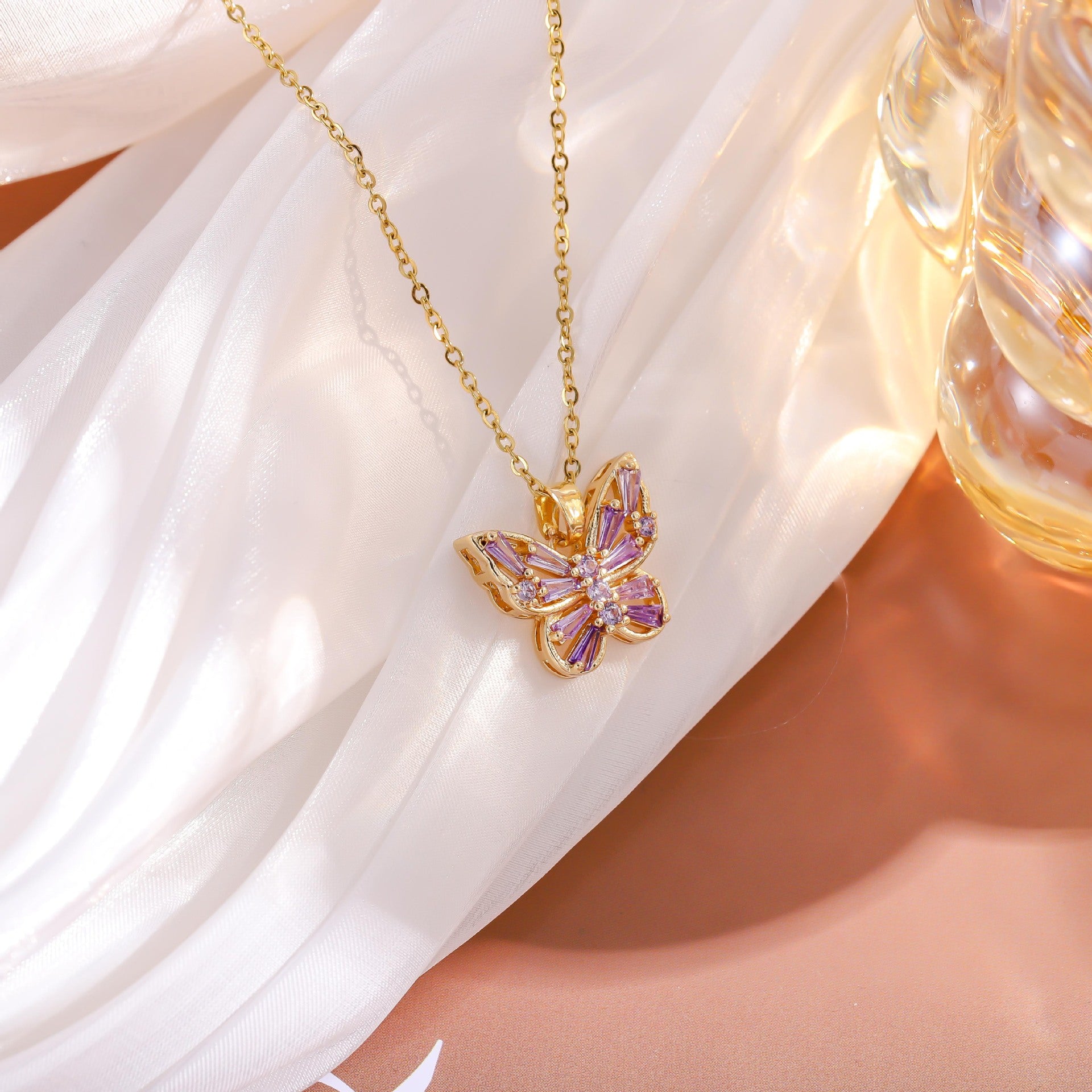 Wholesale Hollow Zircon Butterfly Copper Gold Plated Necklace